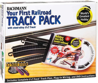 Bachmann Trains HO Scale E-Z Track pack with steel alloy rails and black roadbed, featuring snap-fit design for model train layouts.