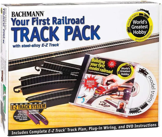 Bachmann Trains HO Scale E-Z Track pack with steel alloy rails and black roadbed, featuring snap-fit design for model train layouts.