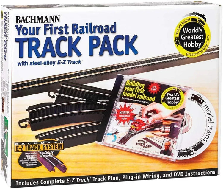 Bachmann Trains HO Scale E-Z Track pack with steel alloy rails and black roadbed, featuring snap-fit design for model train layouts.
