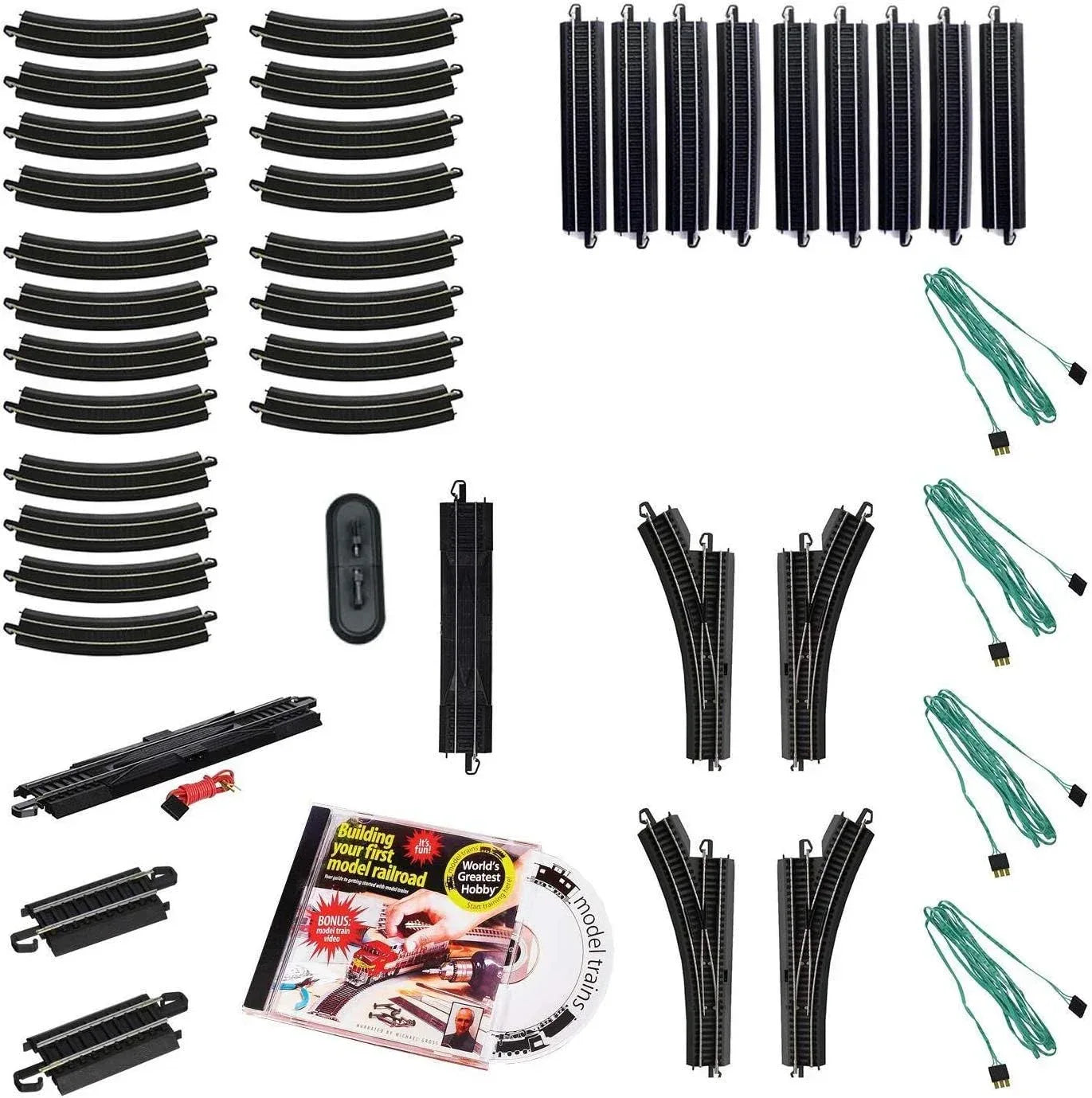 HO scale Bachmann Industries E-Z Track snap-fit train track pack with steel alloy rails and black roadbed for model railroad layouts
