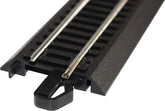 HO scale Bachmann Trains Snap-Fit E-Z Track with steel alloy rail and black roadbed, white medium section, for model train layout.