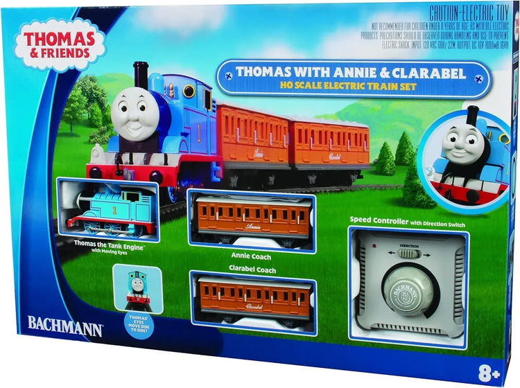 Bachmann Trains Thomas & Friends electric train set with Thomas, Annie, and Clarabel on HO scale track, detailed and colorful.