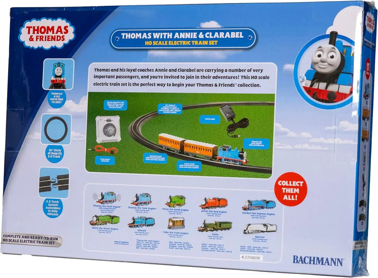Bachmann Trains Thomas & Friends electric train set with Thomas, Annie, and Clarabel on HO scale tracks, detailed model railway scene