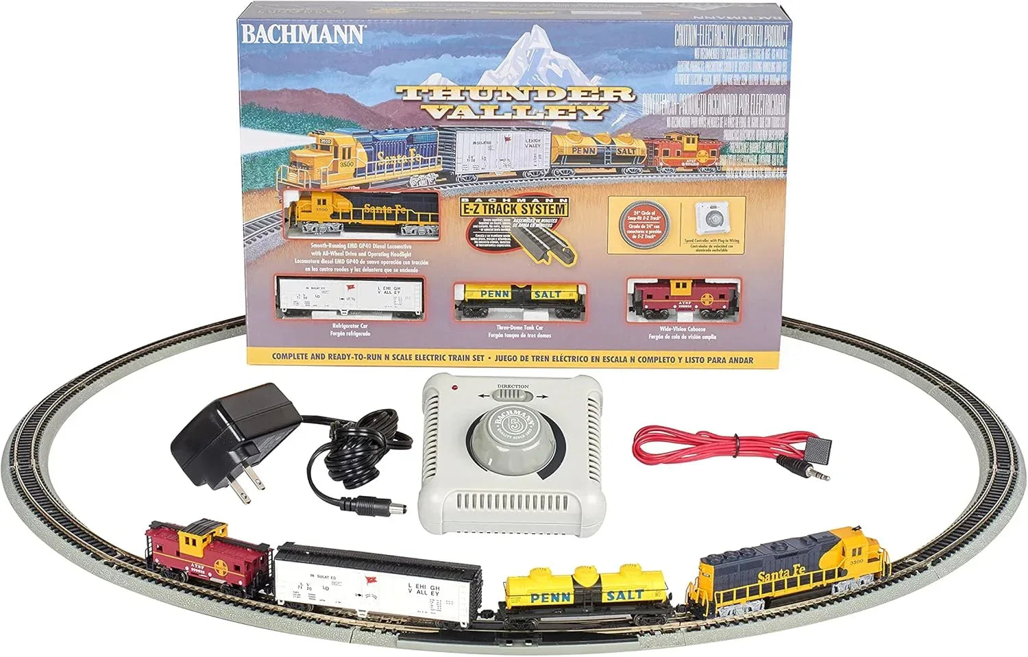 Bachmann Trains Thunder Valley N Scale Electric Train Set with engine, cars, and track on a model railway layout.
