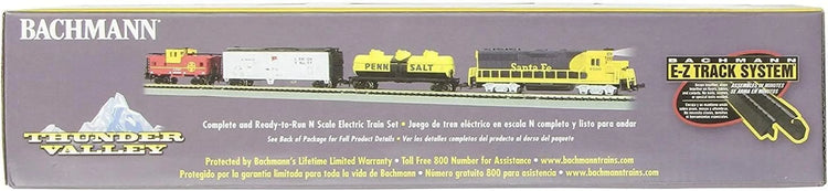 Bachmann Trains Thunder Valley N Scale electric train set with locomotive and cars on track, ready-to-run model by Bachmann Industries Inc.