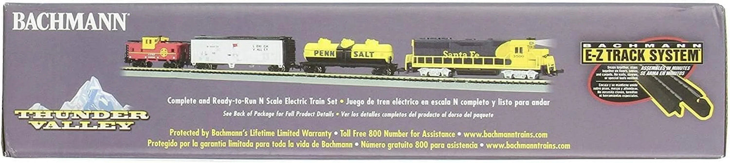 Bachmann Trains Thunder Valley N Scale electric train set with locomotive and cars on track, ready-to-run model by Bachmann Industries Inc.