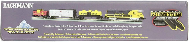 Bachmann Trains Thunder Valley N Scale electric train set with locomotive and cars on track, ready-to-run model by Bachmann Industries Inc.