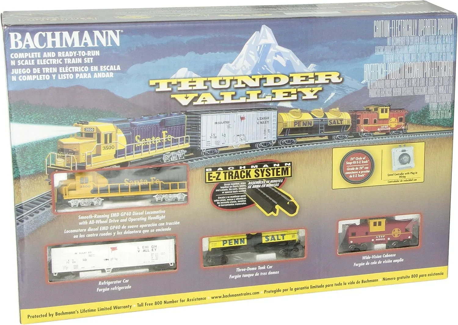Bachmann Trains Thunder Valley N Scale electric train set with locomotive and cars on track, ready-to-run model by Bachmann Industries Inc.