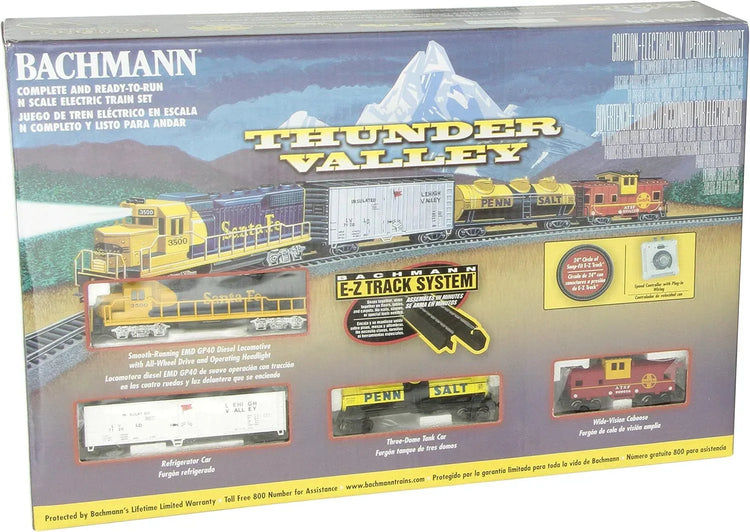 Bachmann Trains Thunder Valley N Scale electric train set with locomotive and cars on track, ready-to-run model by Bachmann Industries Inc.