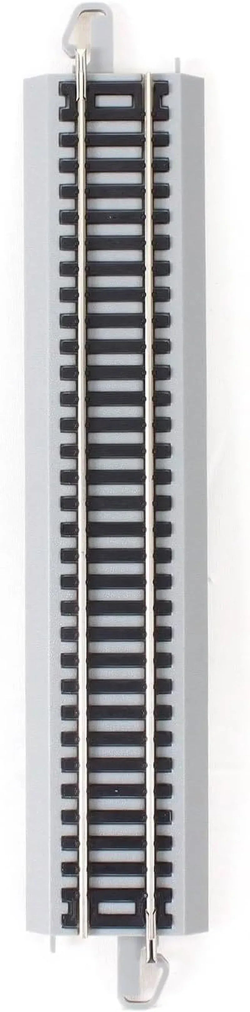 Bachmann Trains HO scale snap-fit E-Z Track 9-inch straight track pack with nickel silver rails and gray roadbed, 4-piece set.