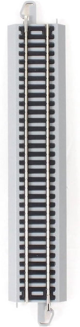 Bachmann Trains HO scale snap-fit E-Z Track 9-inch straight track pack with nickel silver rails and gray roadbed, 4-piece set.