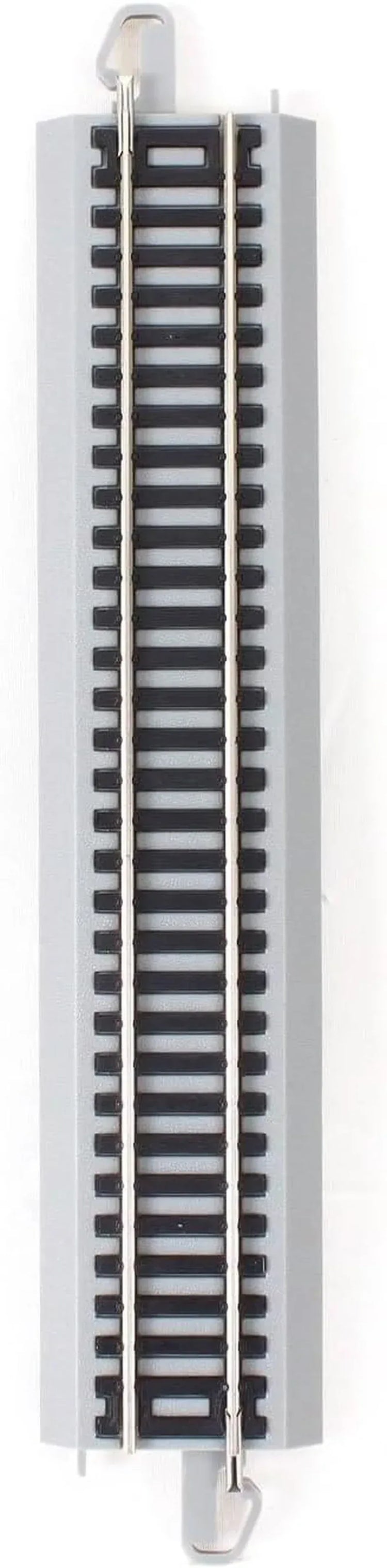 Bachmann Trains HO scale snap-fit E-Z Track 9-inch straight track pack with nickel silver rails and gray roadbed, 4-piece set.
