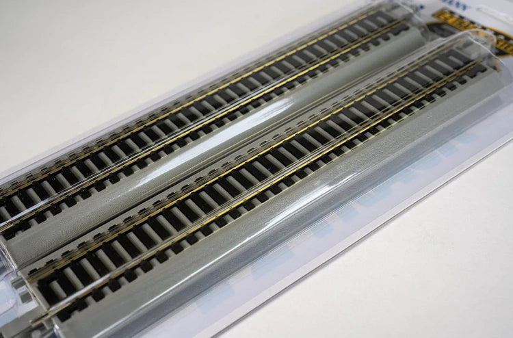 Bachmann Trains HO scale E-Z Track 9-inch straight track pack with nickel silver rails and gray roadbed, four-piece set.