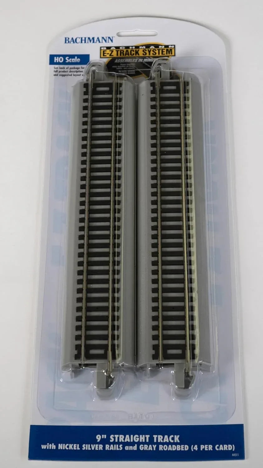 Bachmann Trains HO scale Snap-Fit E-Z Track 9-inch straight track set with nickel silver rails and gray roadbed, 4-pack.