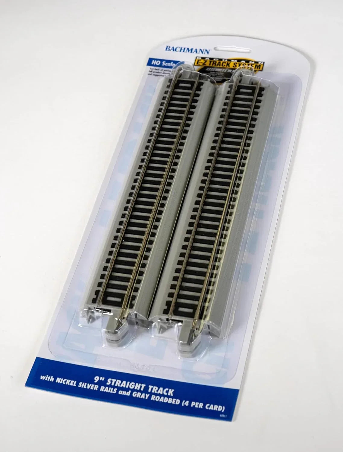 Bachmann Trains HO Scale snap-fit E-Z Track 9-inch straight track set with nickel silver rails and gray roadbed, 4-pack.