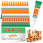 48-pack of WOUSEDO 3G clear cyanoacrylate glue for wood, rubber, leather, plastic, metal, and jewelry crafting in a sealed package.