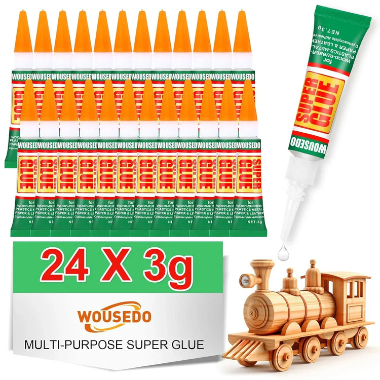 48-pack of WOUSEDO 3G clear cyanoacrylate glue for wood, rubber, leather, plastic, metal, and jewelry crafting in a sealed package.