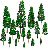 Assorted sizes of N scale model pine trees for scenic landscapes, set of 16 by BLLREMIPSUR, featuring miniature evergreen trees