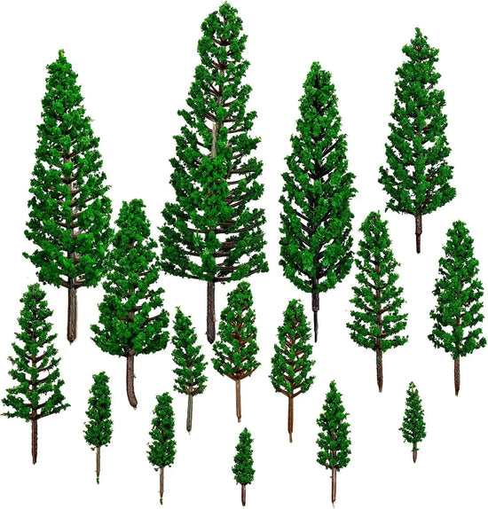 Assorted sizes of N scale model pine trees for scenic landscapes, set of 16 by BLLREMIPSUR, featuring miniature evergreen trees