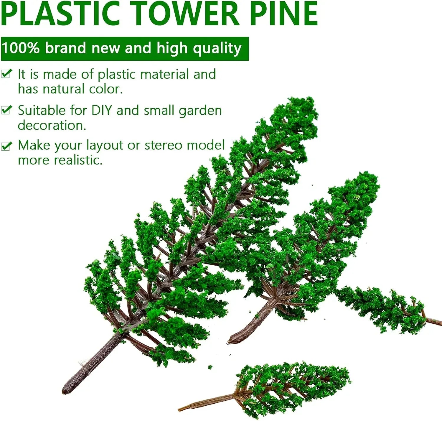 Assorted-sized N scale pine trees set for model railroad scenery, featuring 16 miniature pine trees in various heights from 1.4 to 6.3 inches.