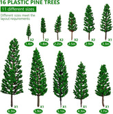 16-piece N scale model pine tree set for scenic landscapes, assorted sizes from 1.4 to 6.3 inches, by BLLREMIPSUR