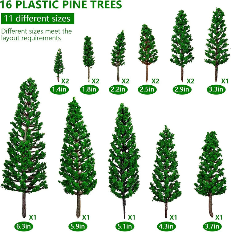 16-piece N scale model pine tree set for scenic landscapes, assorted sizes from 1.4 to 6.3 inches, by BLLREMIPSUR