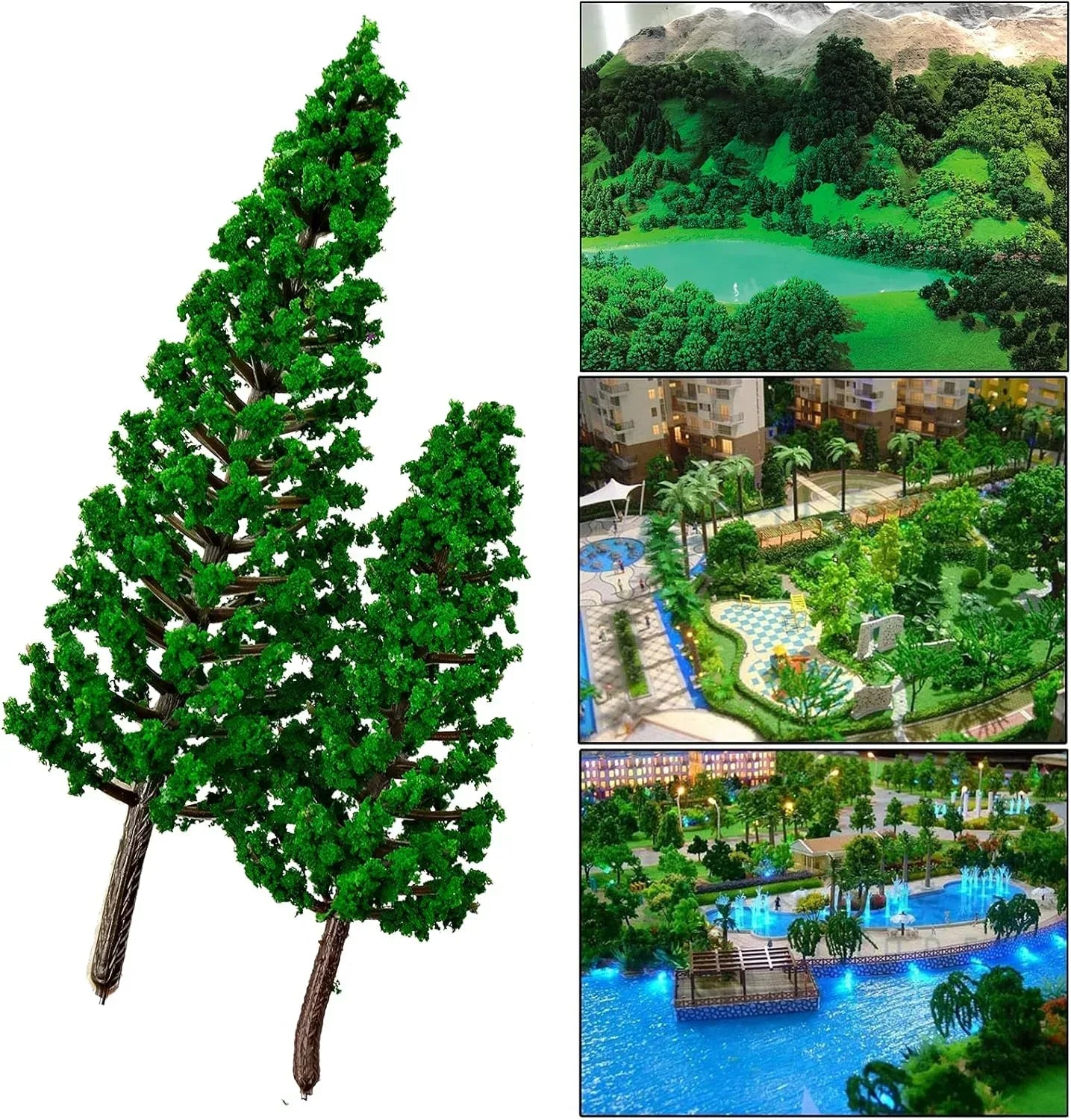 Set of 16 N scale model pine trees in assorted sizes for scenic landscapes, featuring detailed green foliage and realistic trunks.