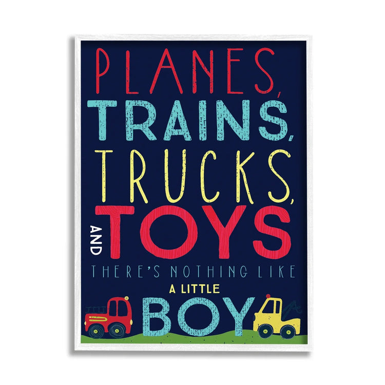 Colorful 16x20 artwork of planes, trains, trucks, and toys by Heather Rosas featuring vibrant vehicle illustrations for kids&