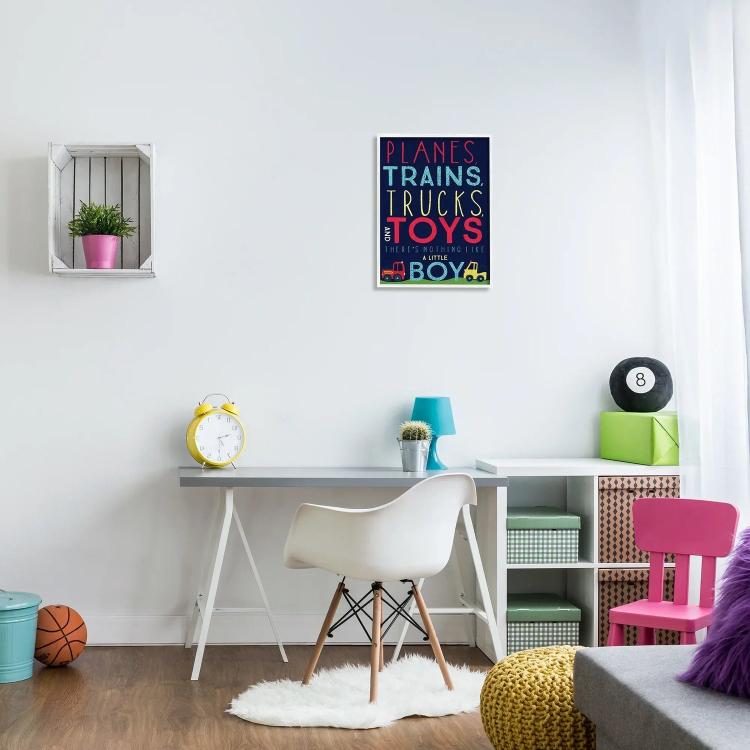 16x20 artwork by Heather Rosas featuring colorful planes, trains, trucks, and toys with a white frame, perfect for train store decor.