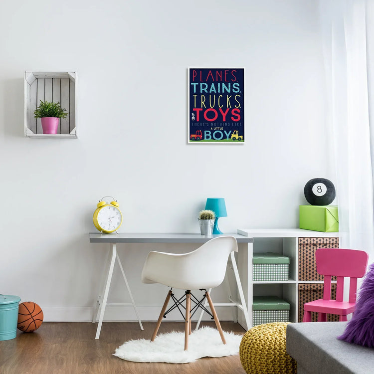 16x20 artwork by Heather Rosas featuring colorful planes, trains, trucks, and toys with a white frame, perfect for train store decor.