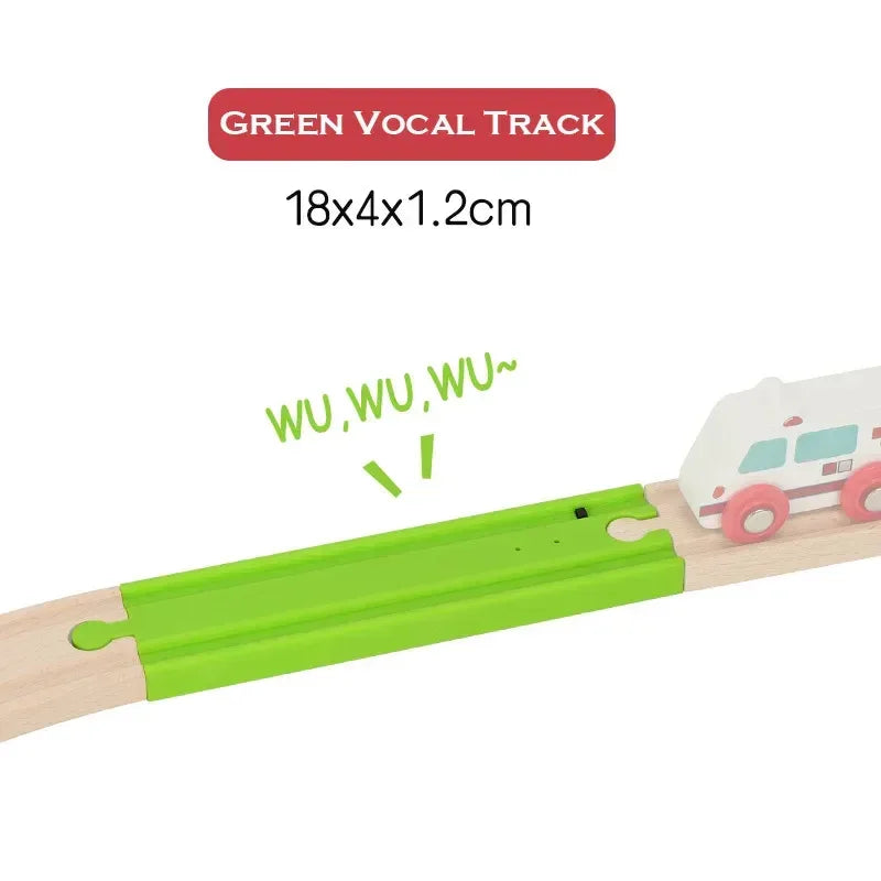 Blue wooden train track with vocal track trap touch simulation sound, compatible with all railway toy brands for children.