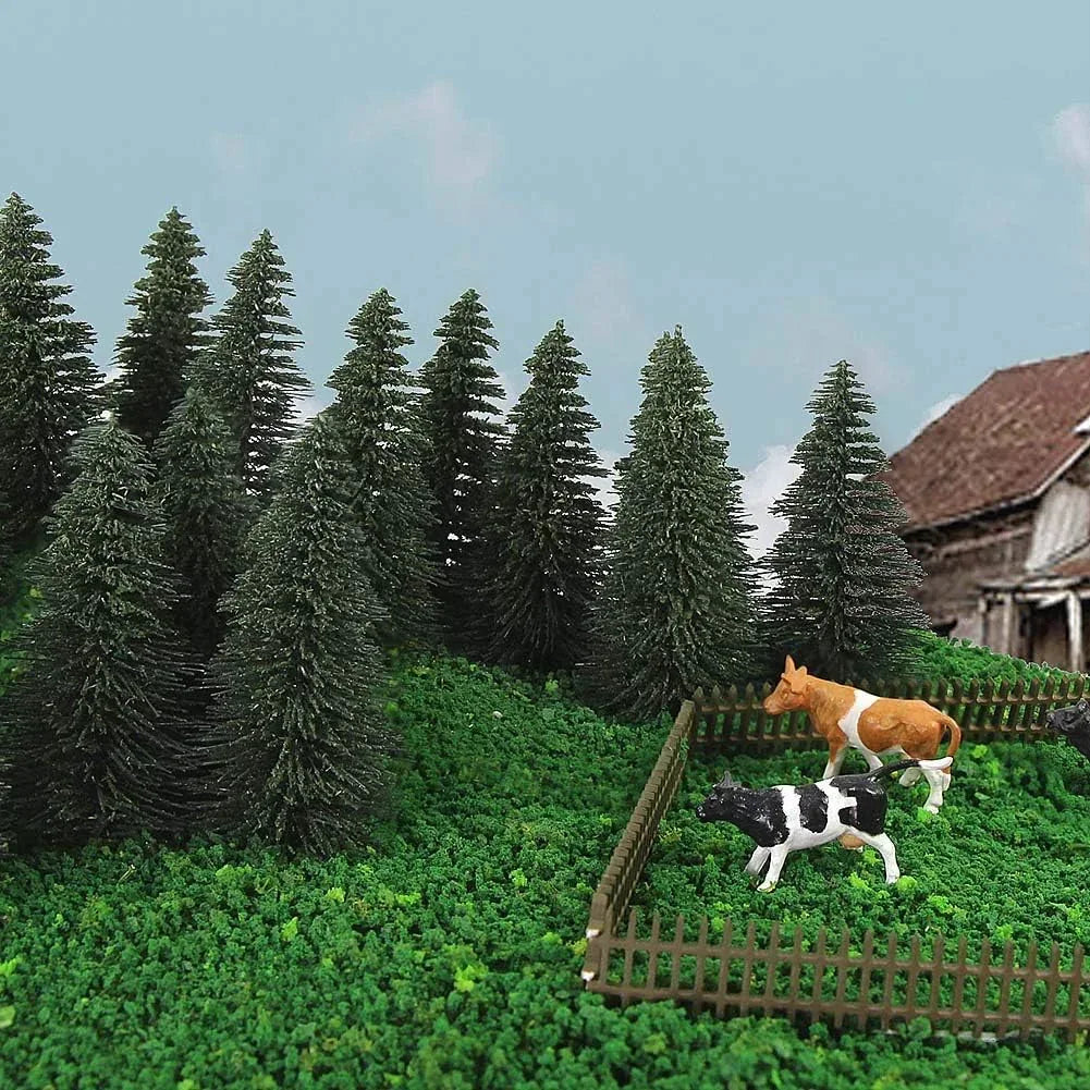 Set of 40 dark green pine model cedar trees for HO scale railroad scenery, 2.72 inches tall, realistic landscape accessory.