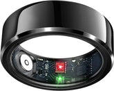 Black BYMRR Train Store smart health tracking ring showing sleep and heart rate monitoring, waterproof activity tracker with air gesture control.