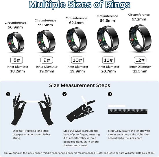 Black BYMRR Smart Health Tracking Ring showing sleep, heart rate, and activity data with air gesture control and waterproof design.