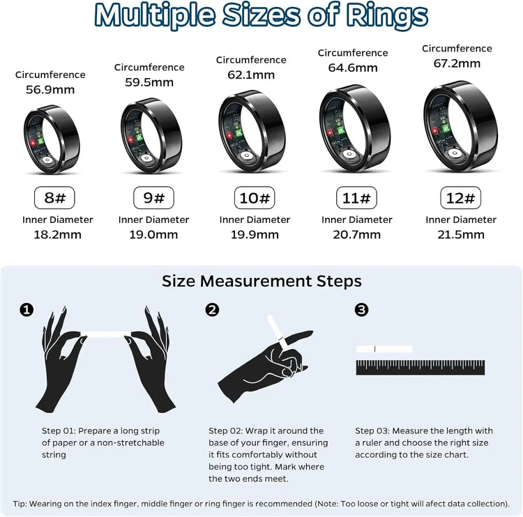 Black BYMRR Smart Health Tracking Ring showing sleep, heart rate, and activity data with air gesture control and waterproof design.