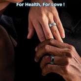 BYMRR Train Store smart health tracking ring in black, showing sleep, heart rate, and air gesture controls, size 10.