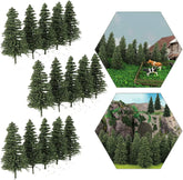 Set of 50 dark green pine model cedar trees, 2.05 inches, for HO and N scale model railroad scenery and landscape design.