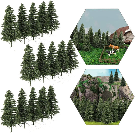 Set of 50 dark green pine model cedar trees, 2.05 inches, for HO and N scale model railroad scenery and landscape design.