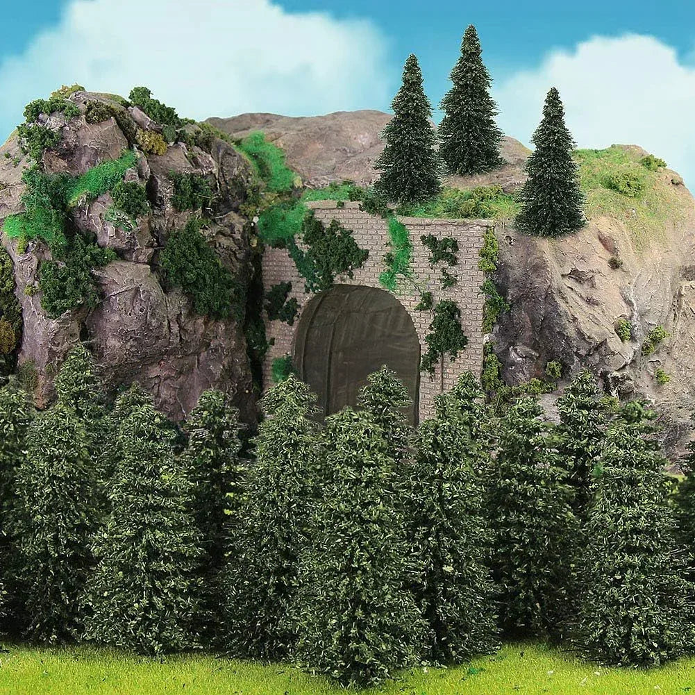 Set of 50 dark green pine model cedar trees, 2.05 inches tall, for HO and N scale model railroad scenery and landscape design.