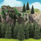 Set of 50 dark green pine model cedar trees, 2.05 inches tall, for HO and N scale model railroad scenery and landscape design.