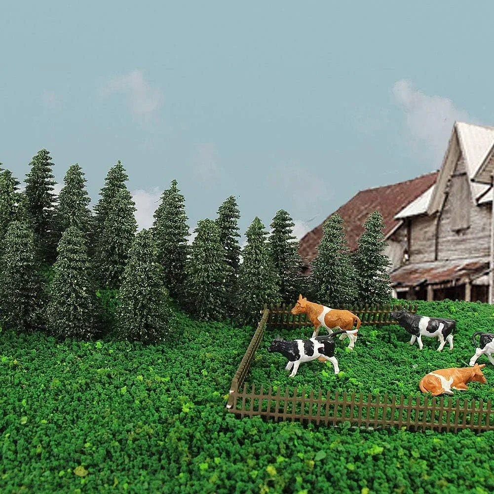 50 dark green pine model cedar trees, 2.05 inches tall, for HO and N scale model railroad scenery and landscape design.