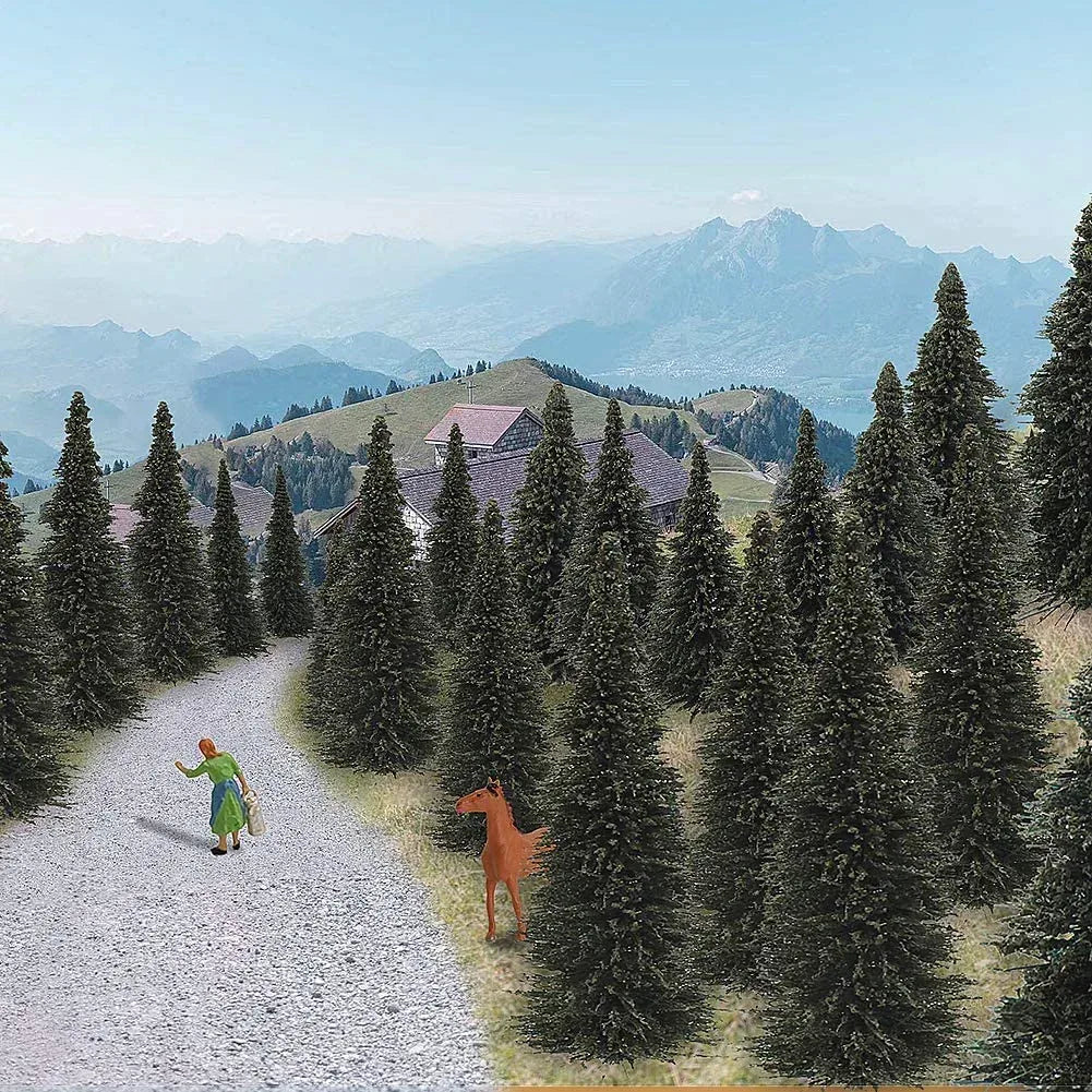 50 dark green pine model cedar trees, 2.05 inches, for HO and N scale model railroad scenery and landscape design.