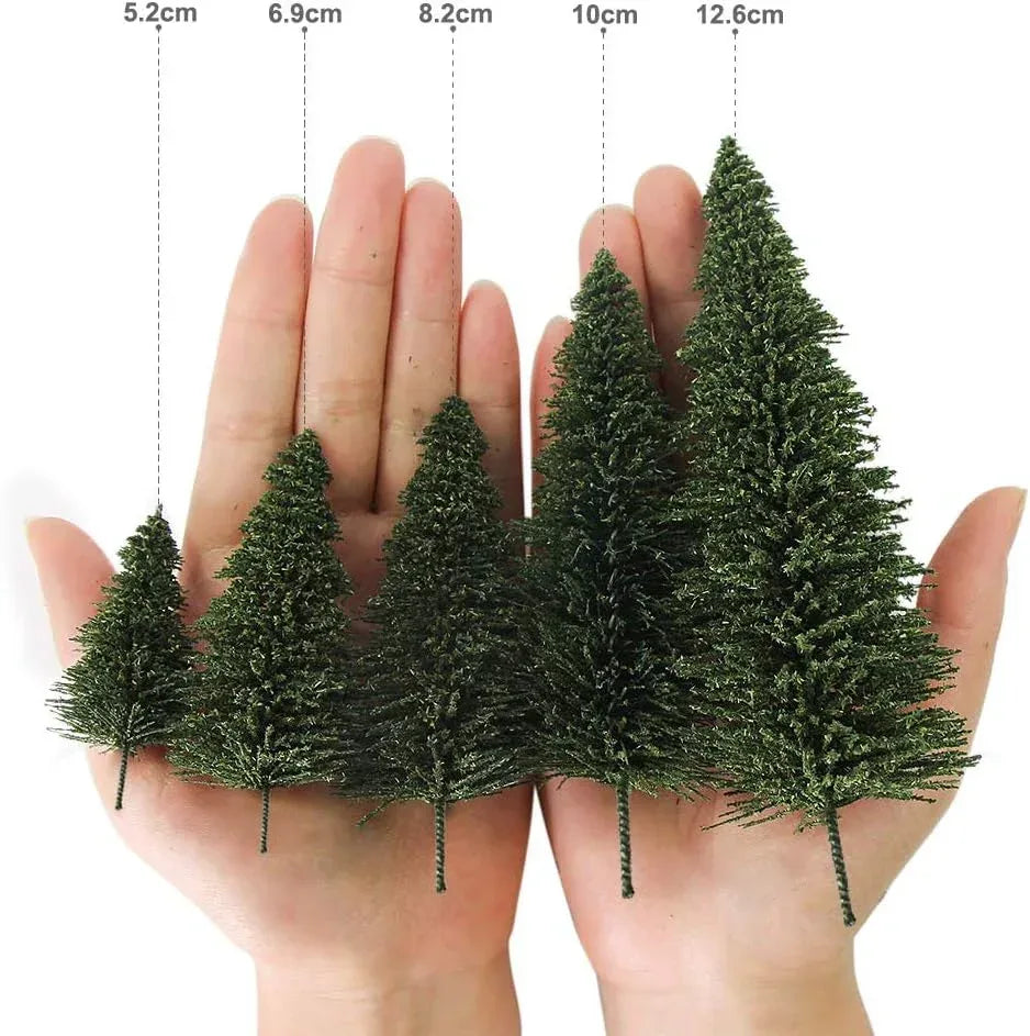 50 dark green pine model cedar trees, 2.05 inches tall, for HO and N scale model railroad scenery and landscape design by BYMRR.