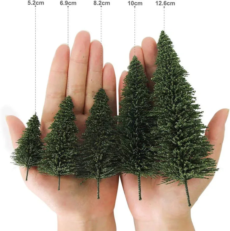 50 dark green pine model cedar trees, 2.05 inches tall, for HO and N scale model railroad scenery and landscape design by BYMRR.