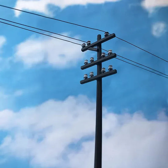 Set of 2 to 5 scale power line poles for OO, HO, N scale model railroads and architectural models, by BYMRR Train Store.