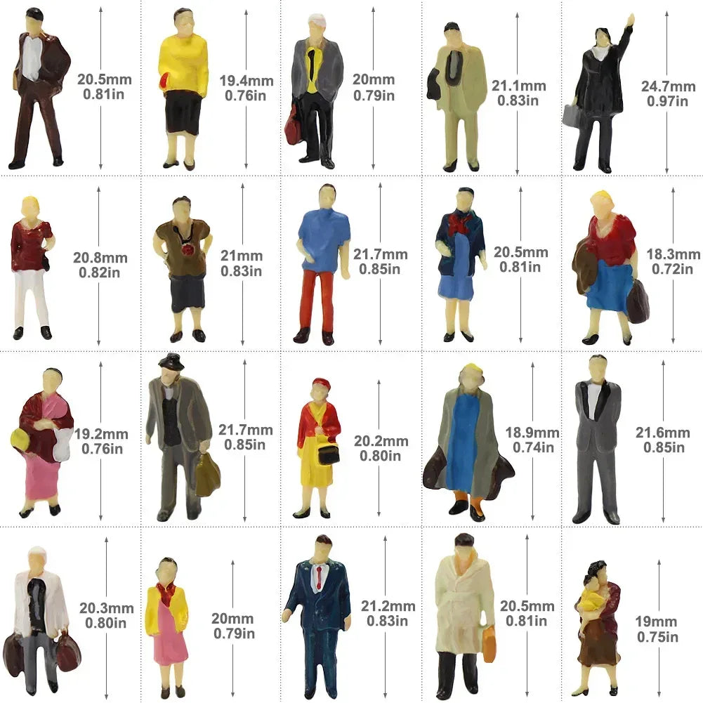 HO scale painted passenger figures by BYMRR Train Store, seated and standing model train accessories for 1:87 scale layouts.
