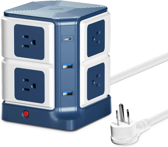 BYMRR Train Store professional power strip tower with 8 outlets, USB-C PD, multiple USB ports, surge protection, and 5-foot cord
