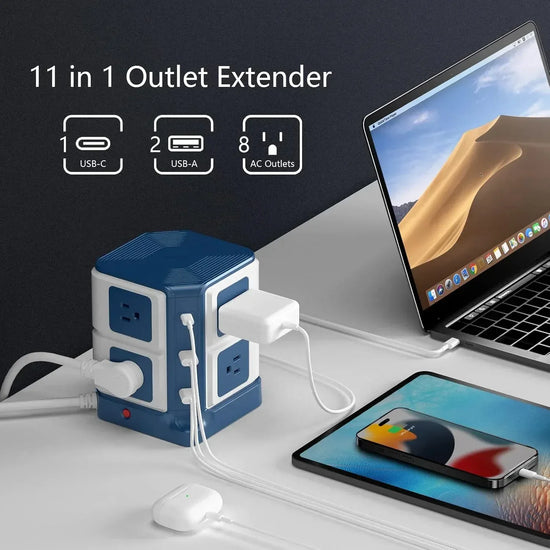 BYMRR Train Store professional power strip tower with 8 outlets, multiple USB ports, 20W USB-C PD, surge protection, and 5-foot cord.