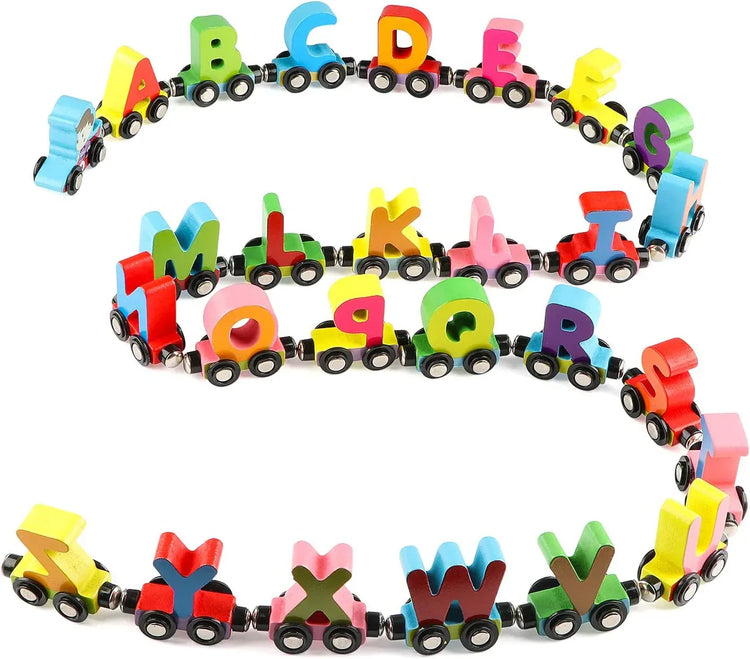 Magnetic wooden alphabet train set for toddlers with engine and letter cars, compatible with major brand tracks.