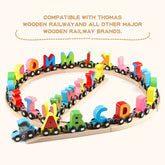 Magnetic wooden alphabet train set for toddlers with engine and letter cars, compatible with major brand train tracks.